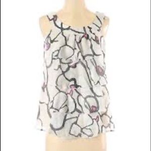 Ann Taylor Loft Floral Ruffle Scoopneck Sleeveless Blouse top White Black Small